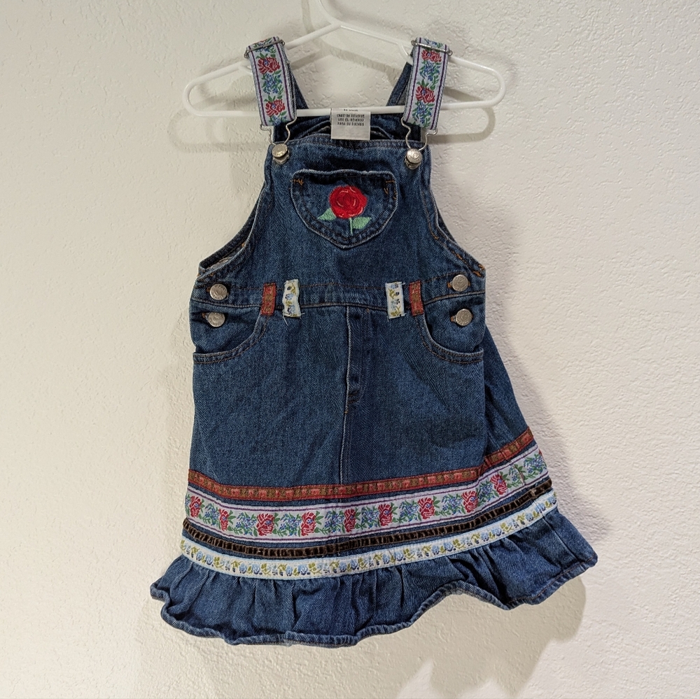 Vintage Young Hearts Toddler Girl 4T Denim Jean Skirtall Overall Dress Floral
